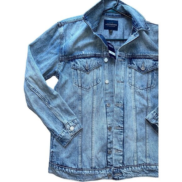 Lucky Brand Womens Blue Denim Trucker Jacket Cotton Distressed Jean Jacket Small - Picture 4 of 16